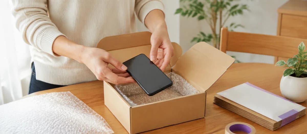 自宅でスマートフォンを梱包する宅配買取のイメージ